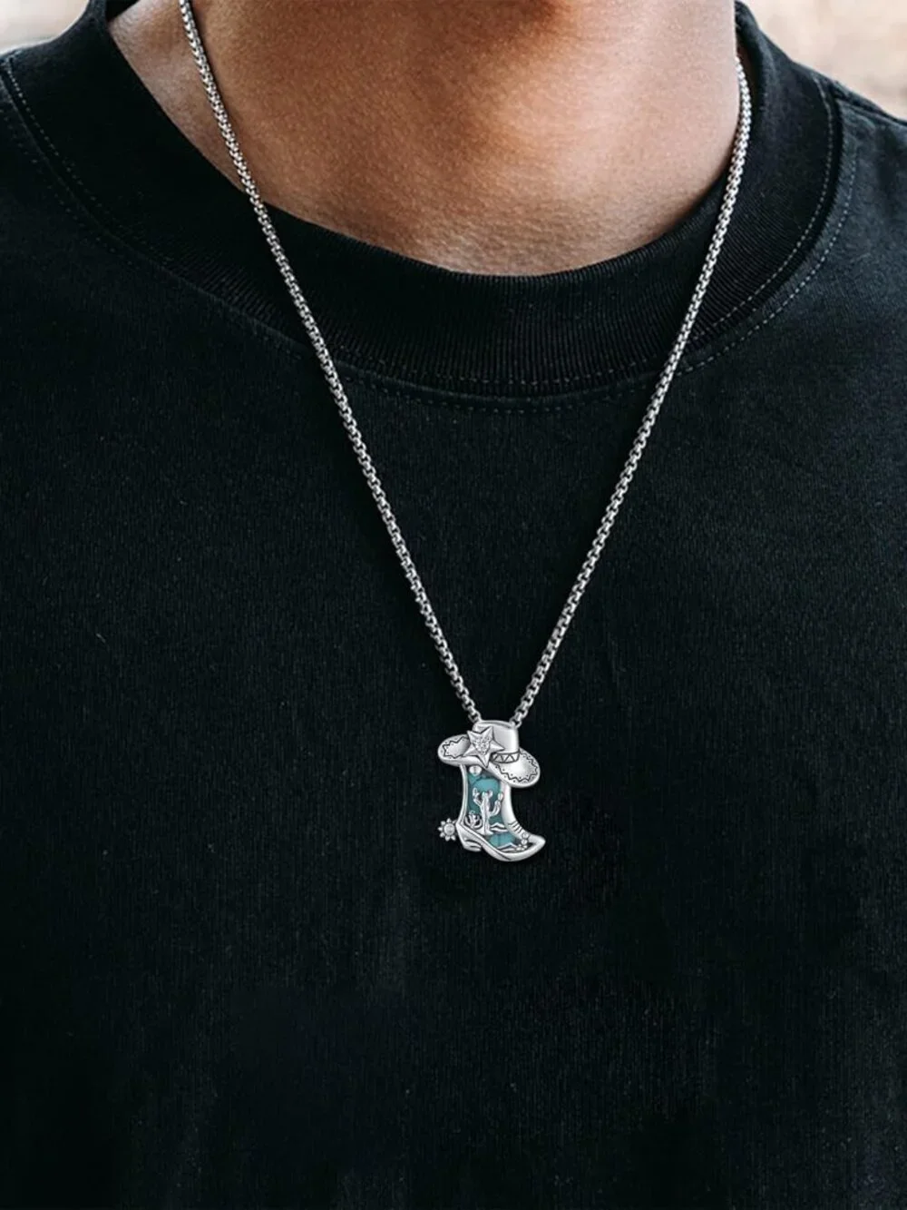 Women's Boot B Sterling Turquoise Pendant Highland Cow Skull Western Necklace